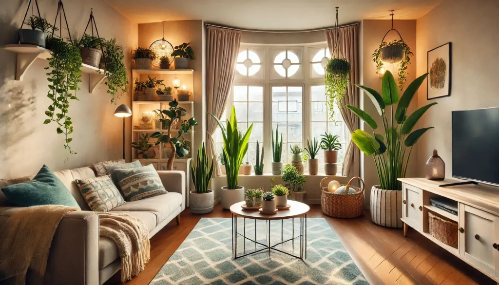 Salón con plantas de interior resistentes a la calefacción